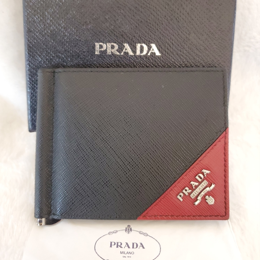 Prada Saffiano Men's Black Card Case with Money Clip